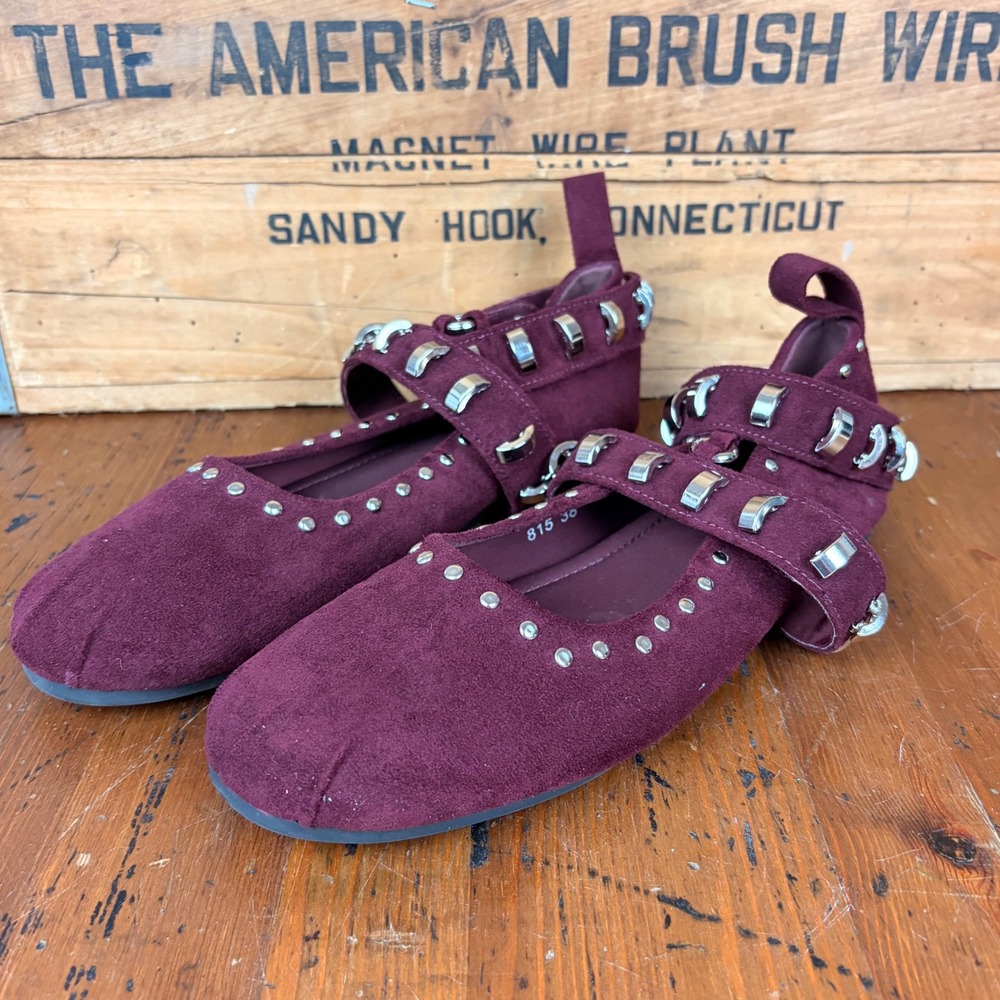 Burgundy Faux Suede Studded Ankle Strap Ballet Flats Silver Stud 7.5 815 38‎ 240
